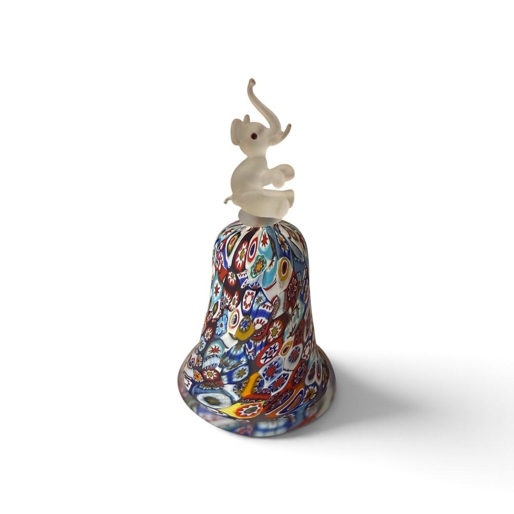 Vintage Italian Murano Millefiori Art Glass Bell with Frosted Elephant Finial
